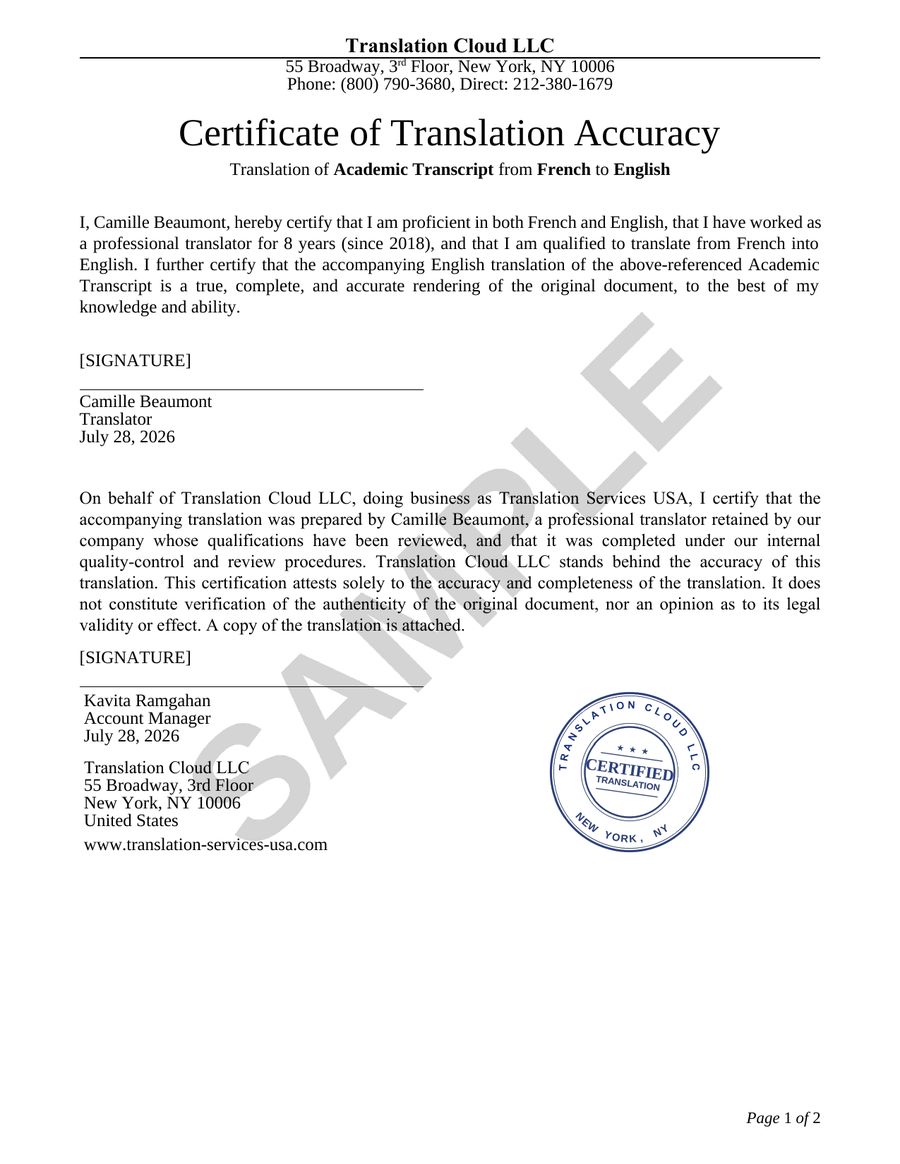 Sample certificate of translation accuracy for a academic transcript, French to English, signed by the translator and by Translation Services USA, with the certified translation stamp