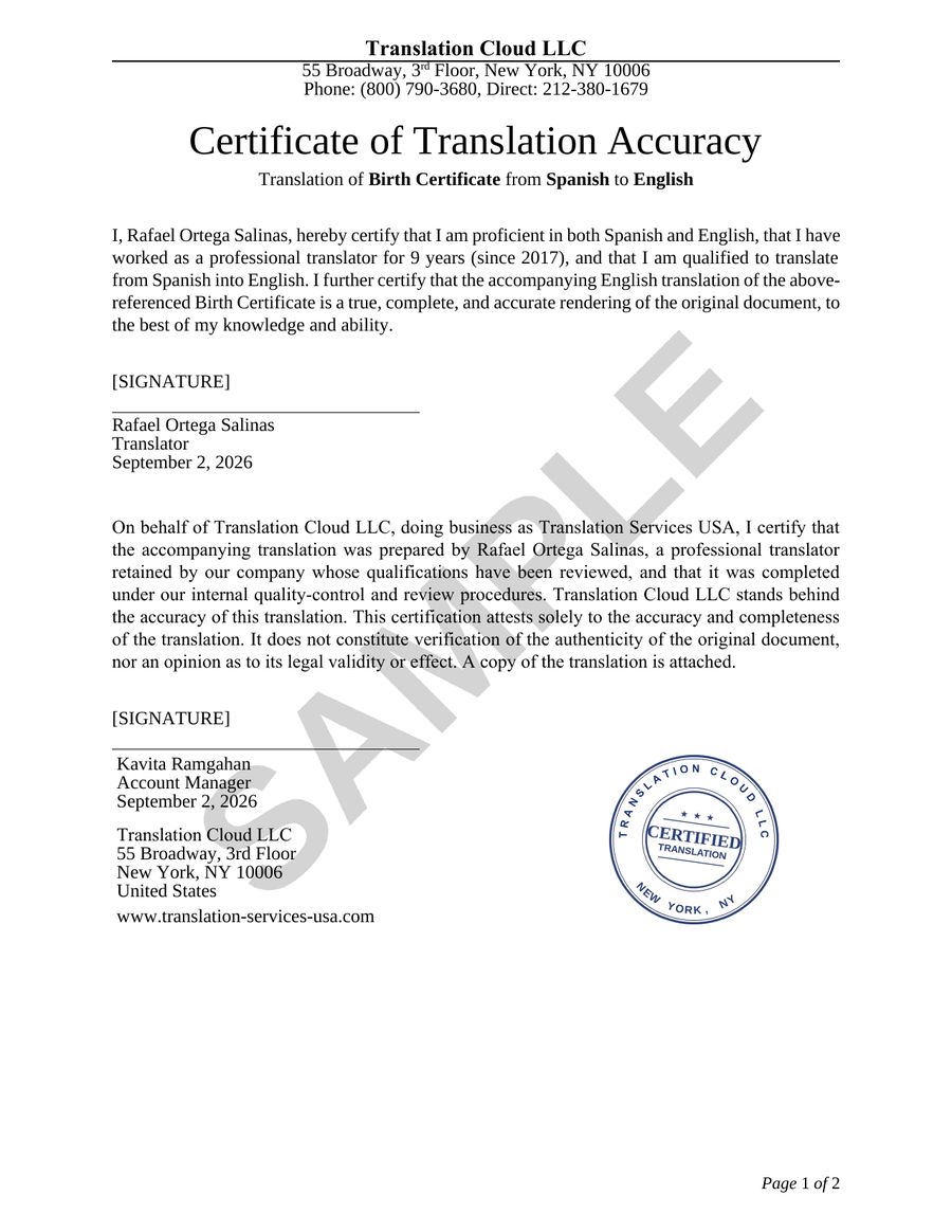 Sample certificate of translation accuracy for a birth certificate, Spanish to English, signed by the translator and by Translation Services USA, with the certified translation stamp