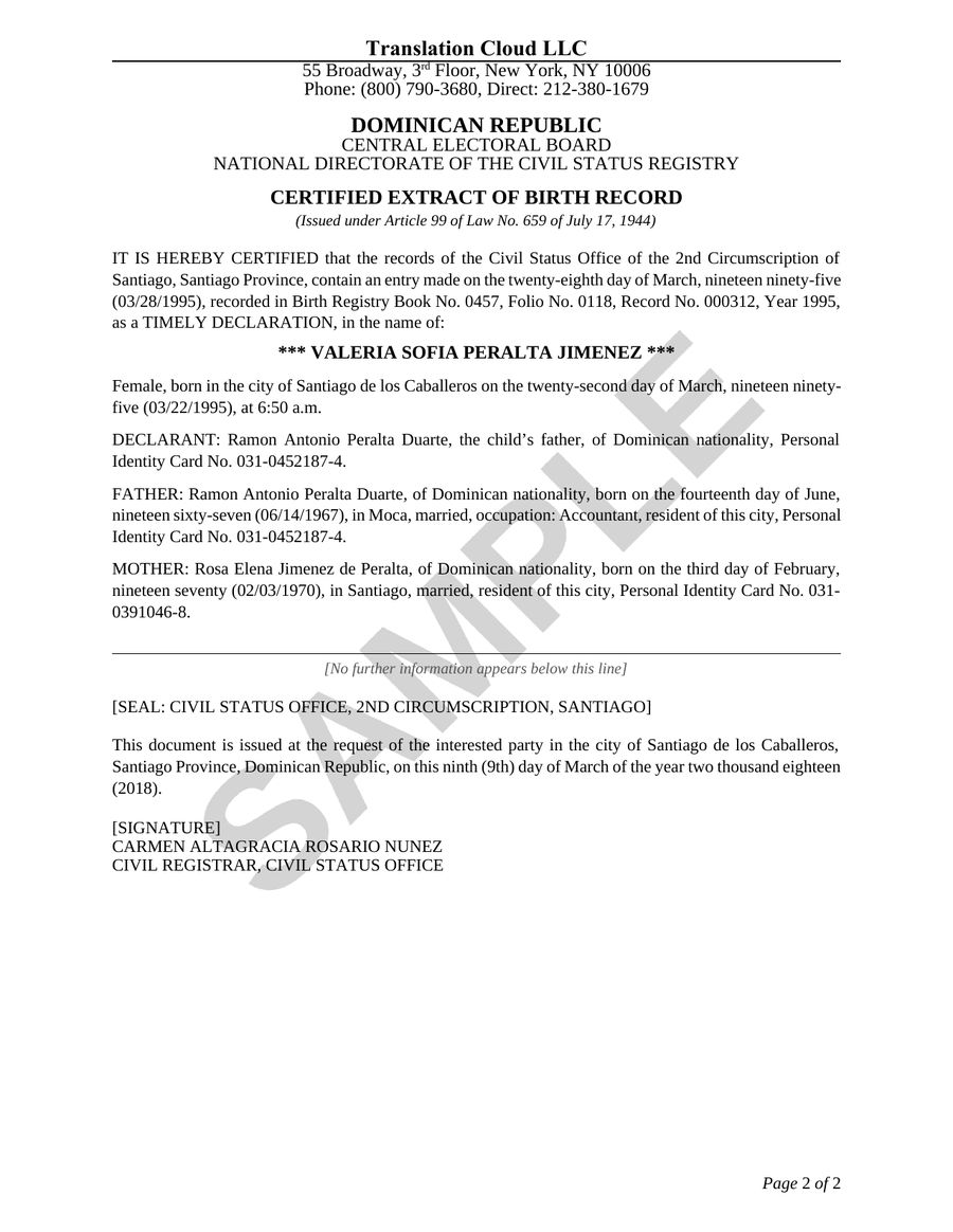 Sample English translation of a birth certificate from the Dominican Republic on Translation Services USA letterhead